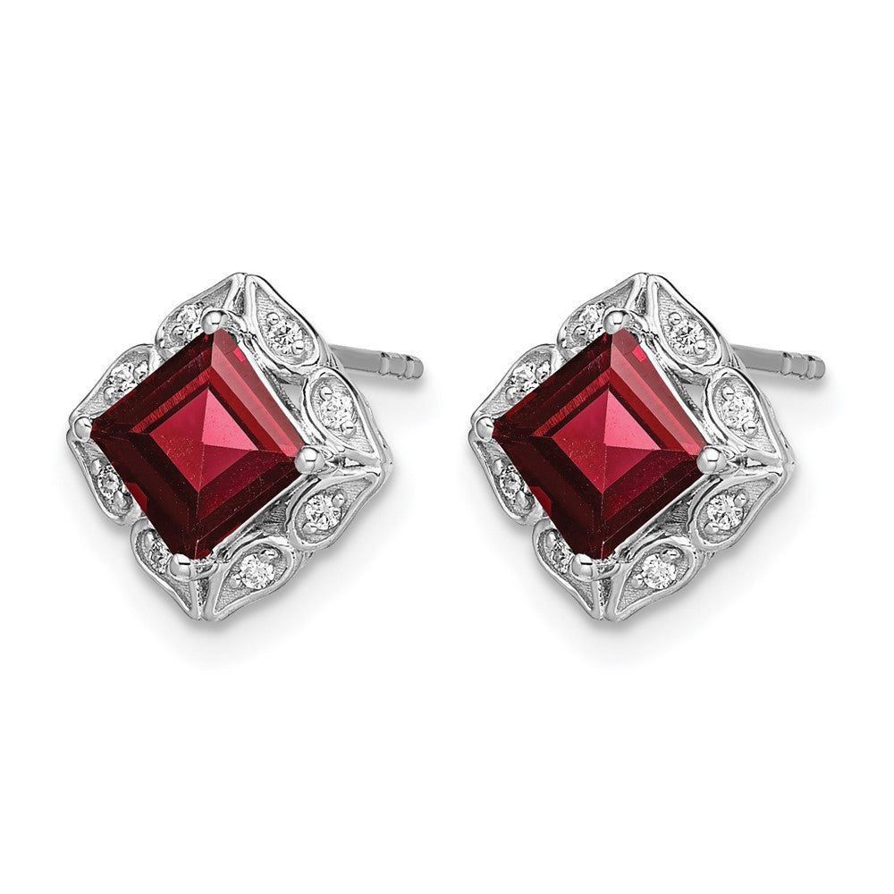 14k White Gold Square Garnet and Real Diamond Earrings