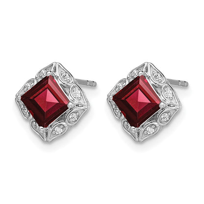 14k White Gold Square Garnet and Real Diamond Earrings