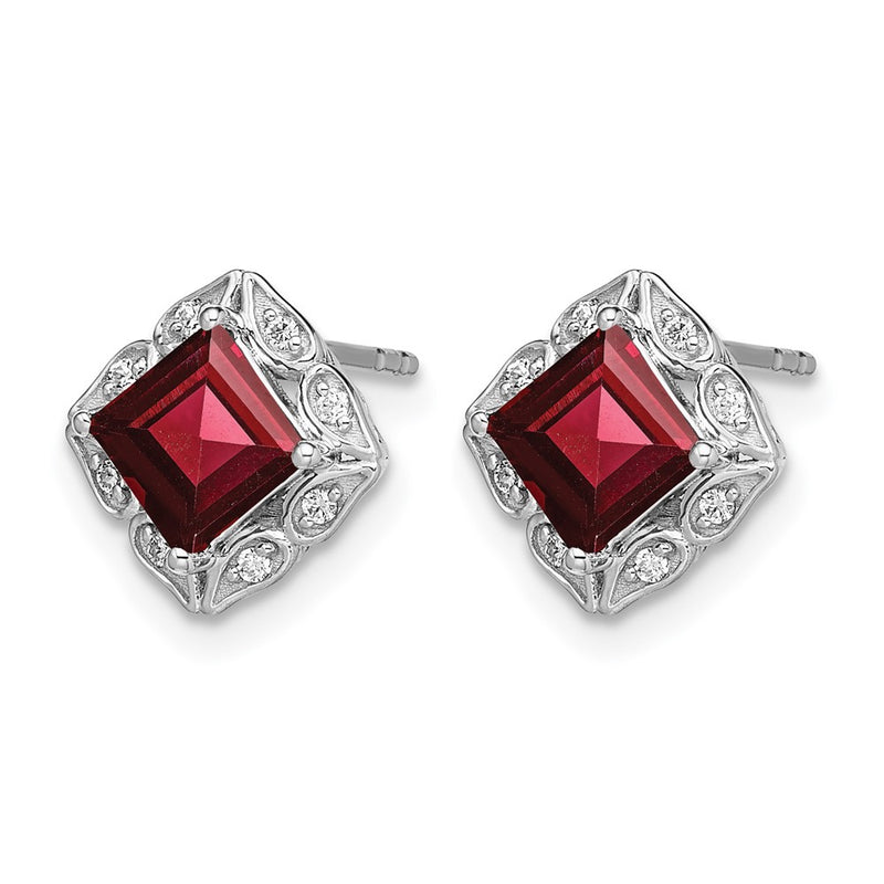 14k White Gold Square Garnet and Real Diamond Earrings