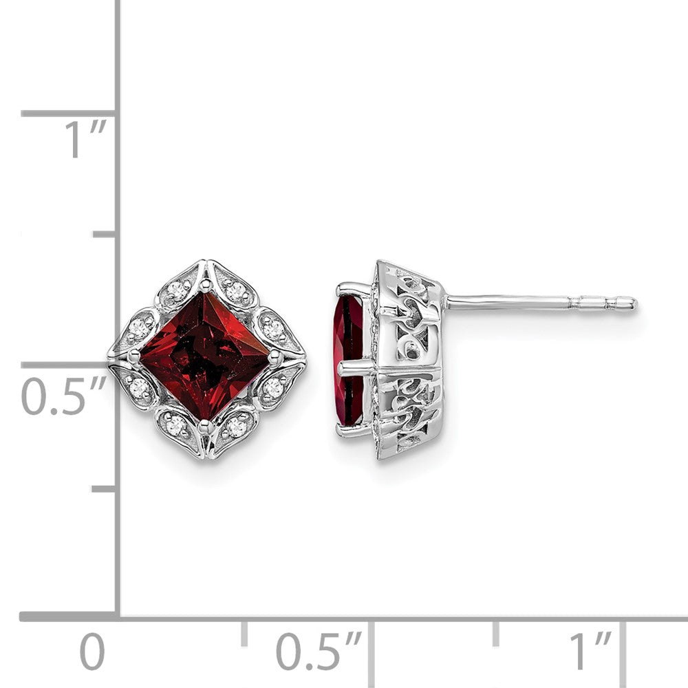 14k White Gold Square Garnet and Real Diamond Earrings