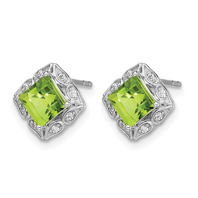 14k White Gold Square Peridot and Real Diamond Earrings