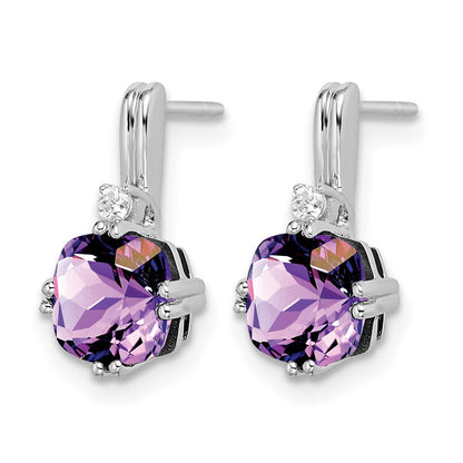 14k White Gold Cushion Amethyst and Real Diamond Earrings