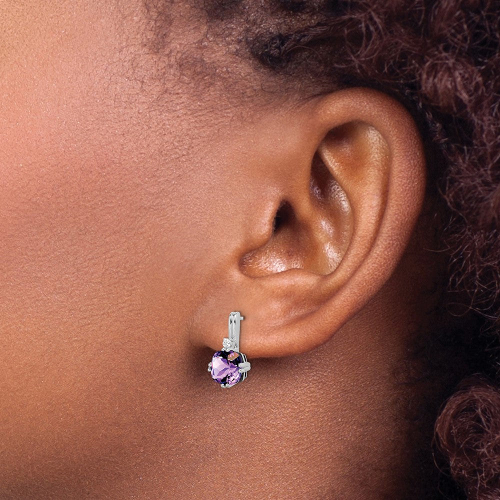 14k White Gold Cushion Amethyst and Real Diamond Earrings