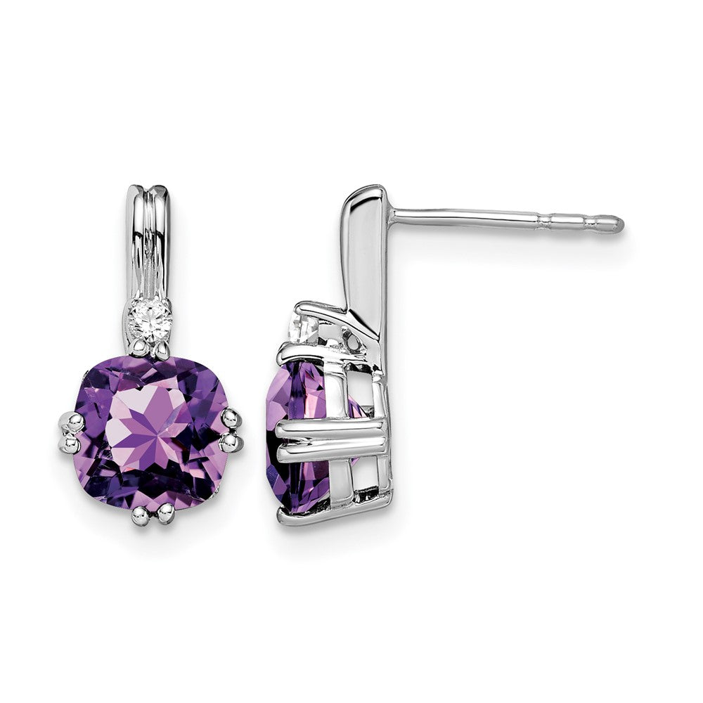 14k White Gold Cushion Amethyst and Real Diamond Earrings