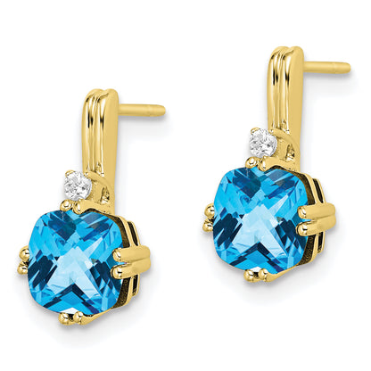 10K Yellow Gold Cushion Blue Topaz And Diamond Earrings