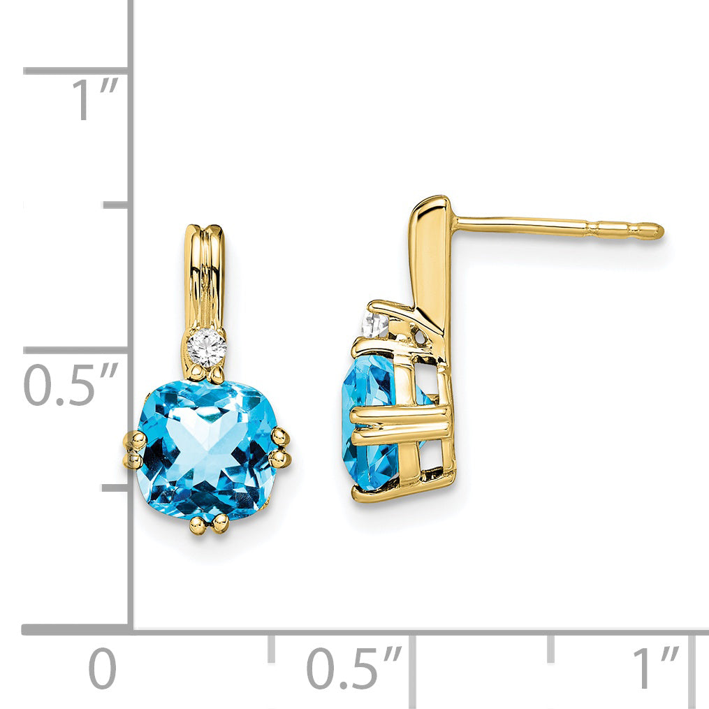 10K Yellow Gold Cushion Blue Topaz And Diamond Earrings