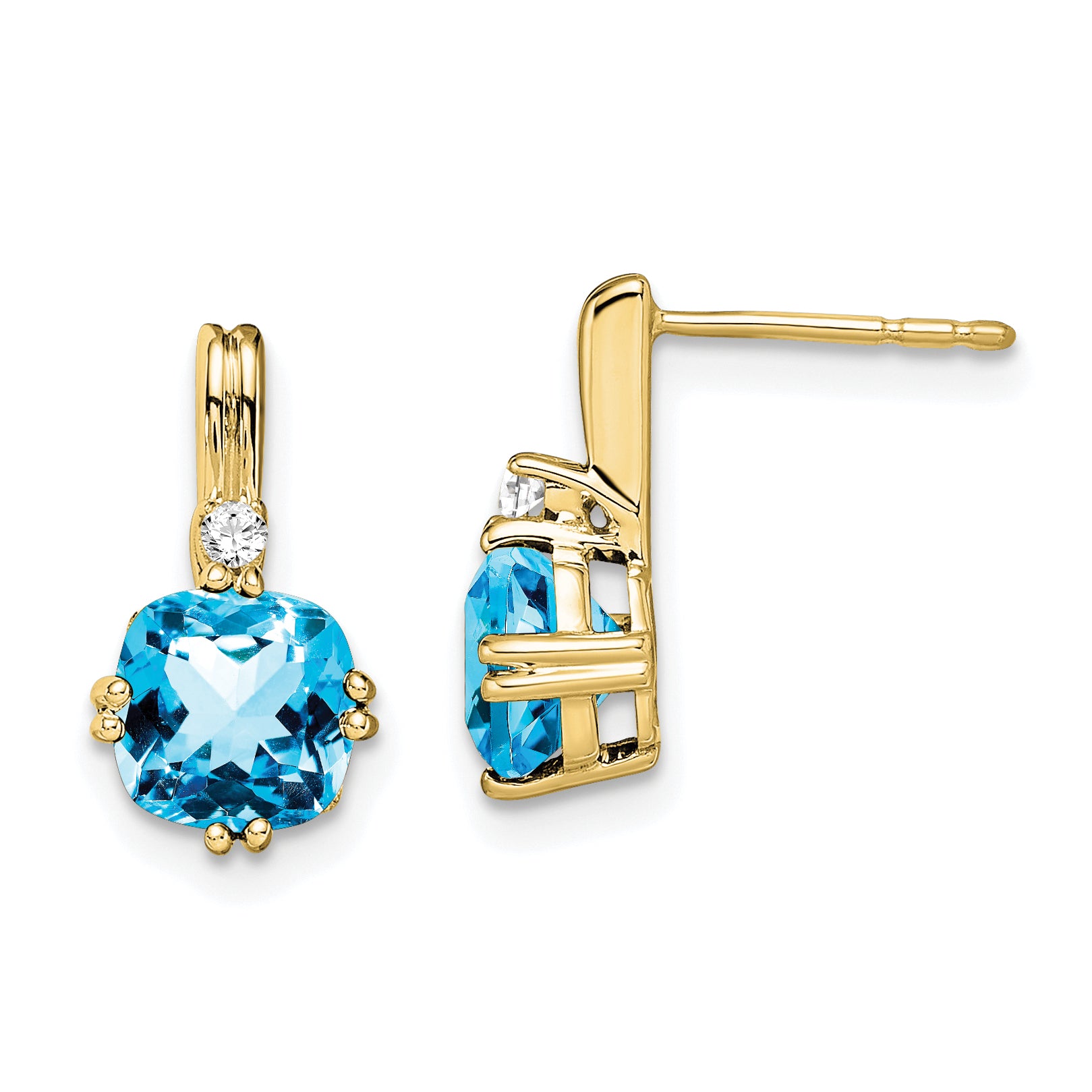 10K Yellow Gold Cushion Blue Topaz And Diamond Earrings