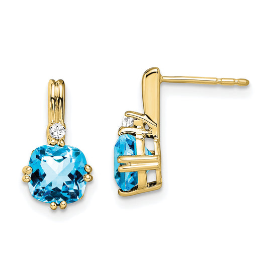 10K Yellow Gold Cushion Blue Topaz And Diamond Earrings
