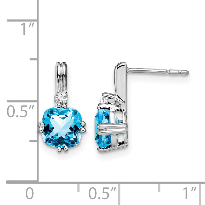 14k White Gold Cushion Blue Topaz and Real Diamond Earrings