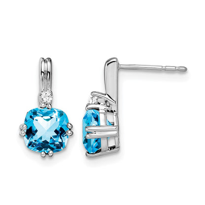 14k White Gold Cushion Blue Topaz and Real Diamond Earrings