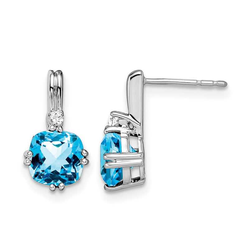14k White Gold Cushion Blue Topaz and Real Diamond Earrings