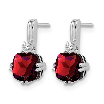 14k White Gold Cushion Garnet and Real Diamond Earrings
