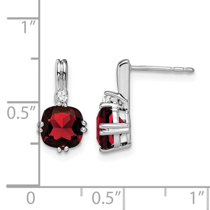 14k White Gold Cushion Garnet and Real Diamond Earrings