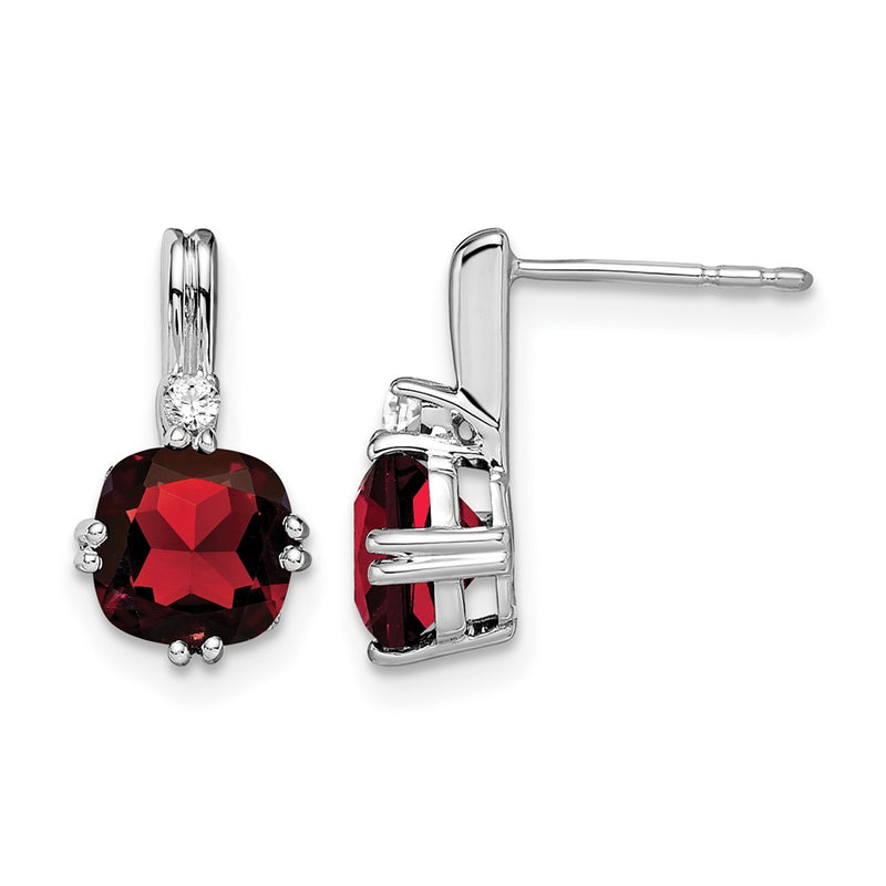 14k White Gold Cushion Garnet and Real Diamond Earrings