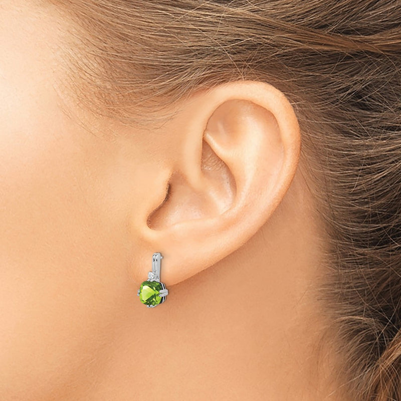 14k White Gold Cushion Peridot and Real Diamond Earrings