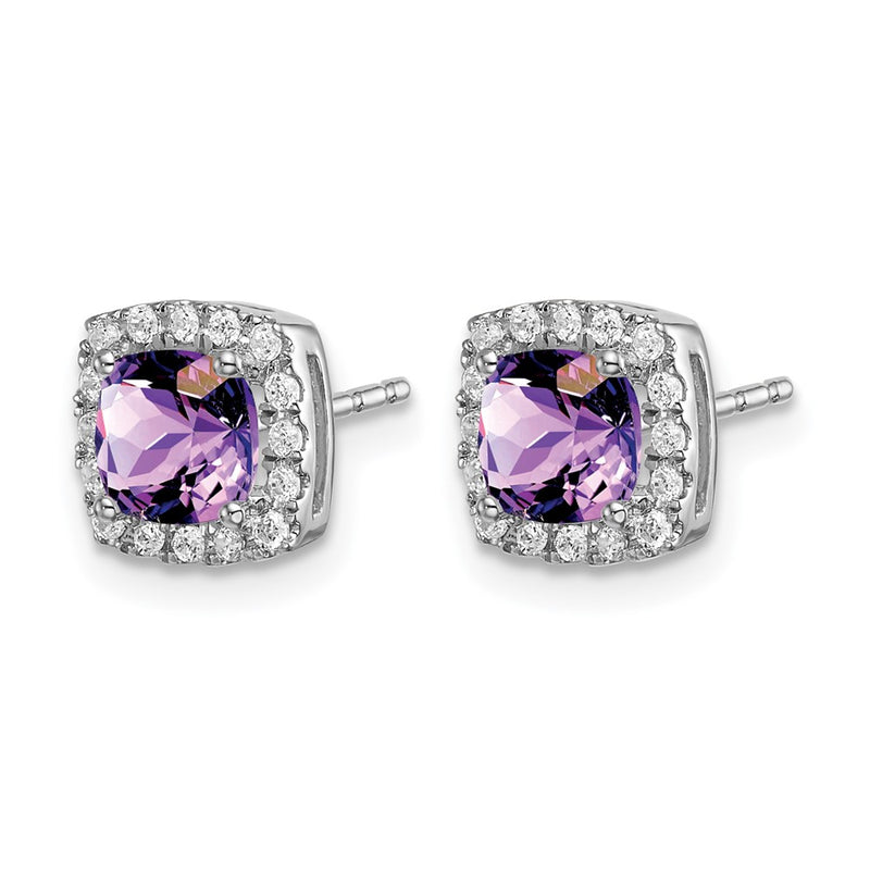 14k White Gold Cushion Amethyst and Real Diamond Halo Earrings