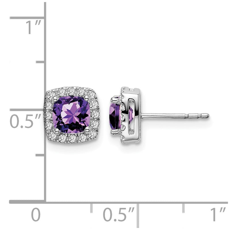 14k White Gold Cushion Amethyst and Real Diamond Halo Earrings