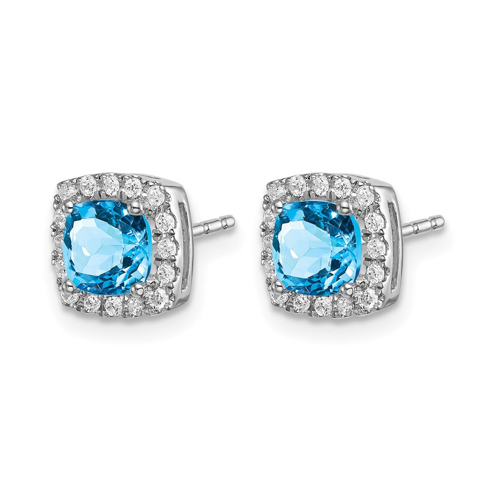 14k White Gold Cushion Blue Topaz and Real Diamond Halo Earrings