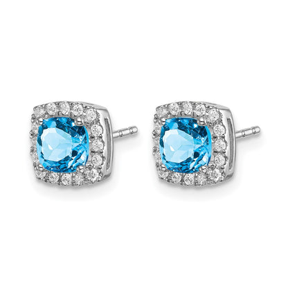14k White Gold Cushion Blue Topaz and Real Diamond Halo Earrings