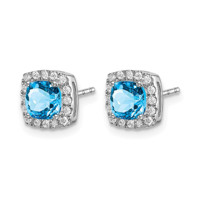 14k White Gold Cushion Blue Topaz and Real Diamond Halo Earrings