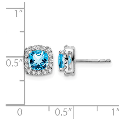 14k White Gold Cushion Blue Topaz and Real Diamond Halo Earrings