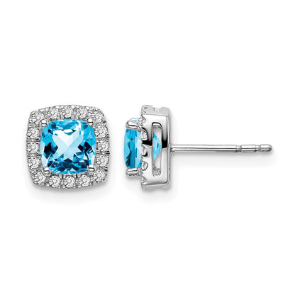 14k White Gold Cushion Blue Topaz and Real Diamond Halo Earrings