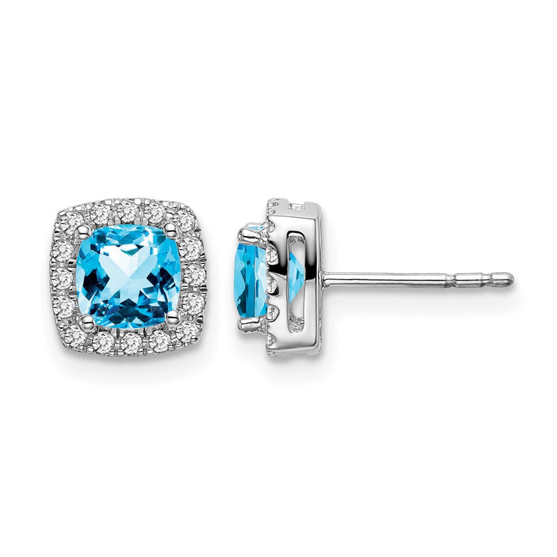 14k White Gold Cushion Blue Topaz and Real Diamond Halo Earrings