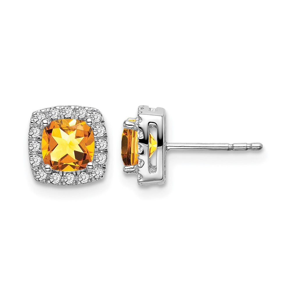 14k White Gold Cushion Citrine and Real Diamond Halo Earrings