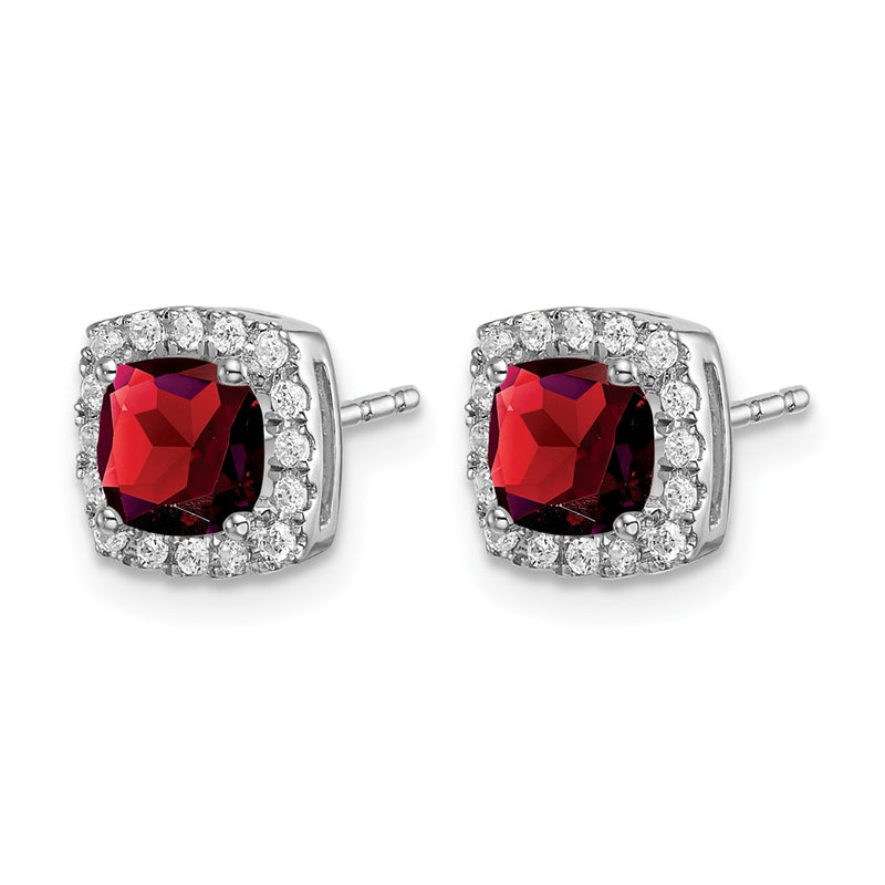 14k White Gold Cushion Garnet and Real Diamond Halo Earrings