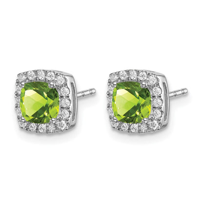 14k White Gold Cushion Peridot and Real Diamond Halo Earrings