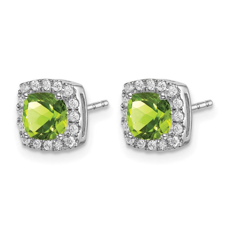 14k White Gold Cushion Peridot and Real Diamond Halo Earrings