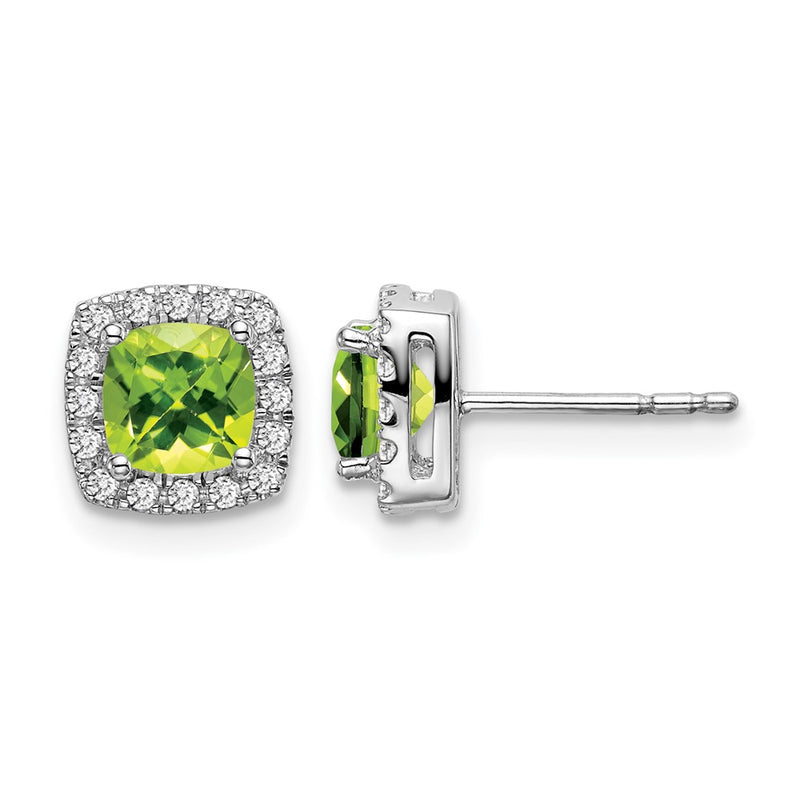 14k White Gold Cushion Peridot and Real Diamond Halo Earrings