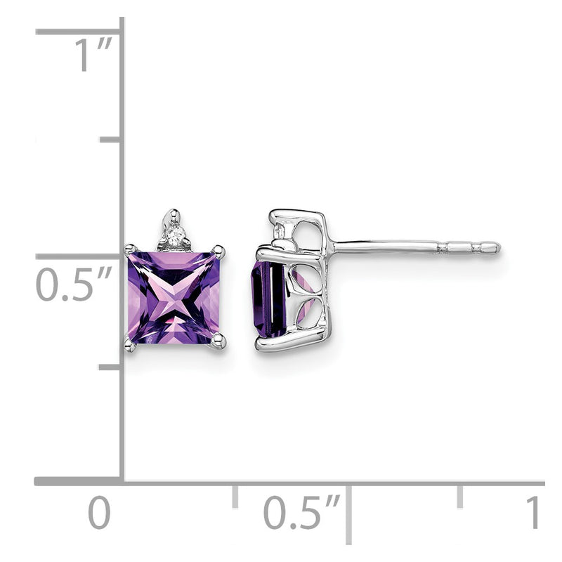 14k White Gold Princess Amethyst and Real Diamond Earrings