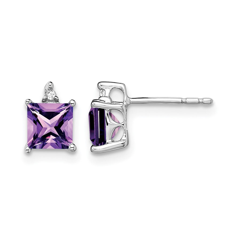 14k White Gold Princess Amethyst and Real Diamond Earrings