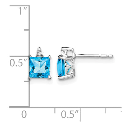 14k White Gold Princess Blue Topaz and Real Diamond Earrings