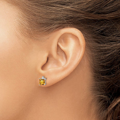 14k White Gold Princess Citrine and Real Diamond Earrings