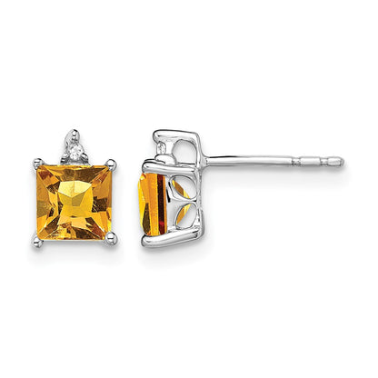 14k White Gold Princess Citrine and Real Diamond Earrings