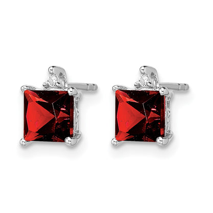 14k White Gold Princess Garnet and Real Diamond Earrings