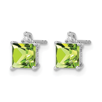 14k White Gold Princess Peridot and Real Diamond Earrings