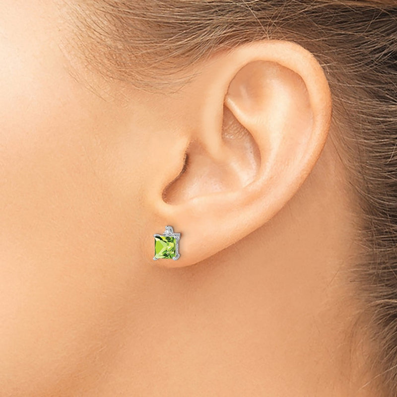 14k White Gold Princess Peridot and Real Diamond Earrings
