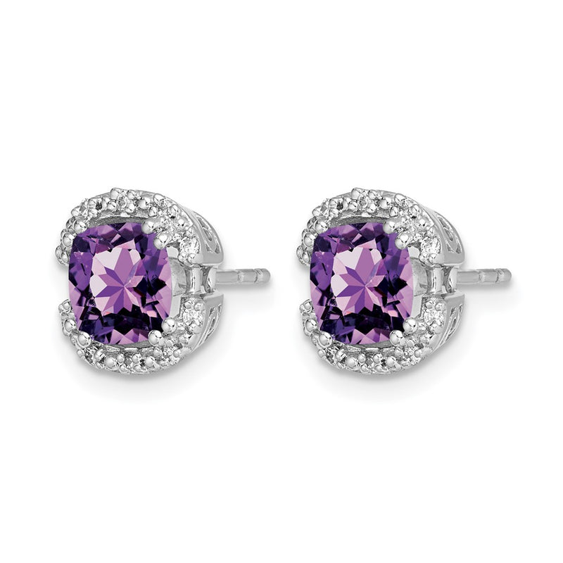 14k White Gold Cushion Amethyst and Real Diamond Halo Earrings