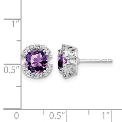 14k White Gold Cushion Amethyst and Real Diamond Halo Earrings