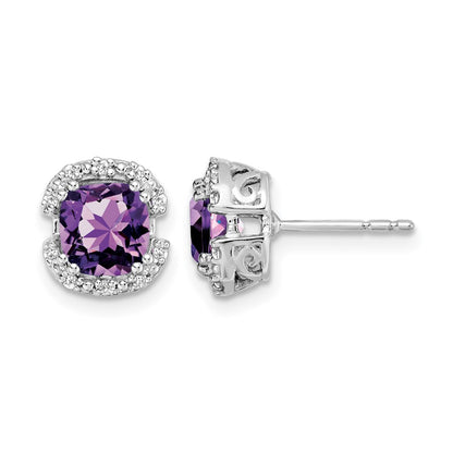 14k White Gold Cushion Amethyst and Real Diamond Halo Earrings