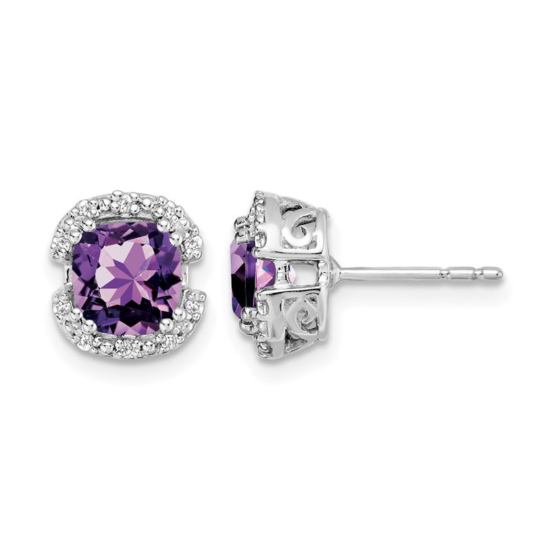14k White Gold Cushion Amethyst and Real Diamond Halo Earrings