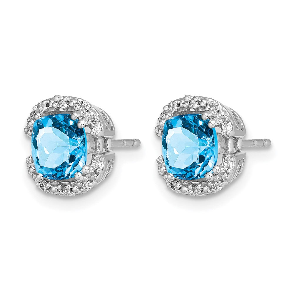 14k White Gold Cushion Blue Topaz and Real Diamond Halo Earrings