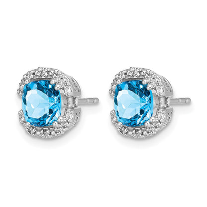 14k White Gold Cushion Blue Topaz and Real Diamond Halo Earrings