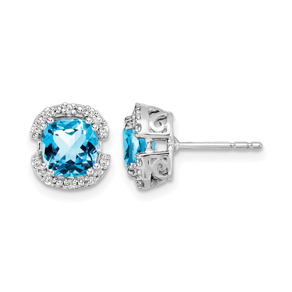 14k White Gold Cushion Blue Topaz and Real Diamond Halo Earrings