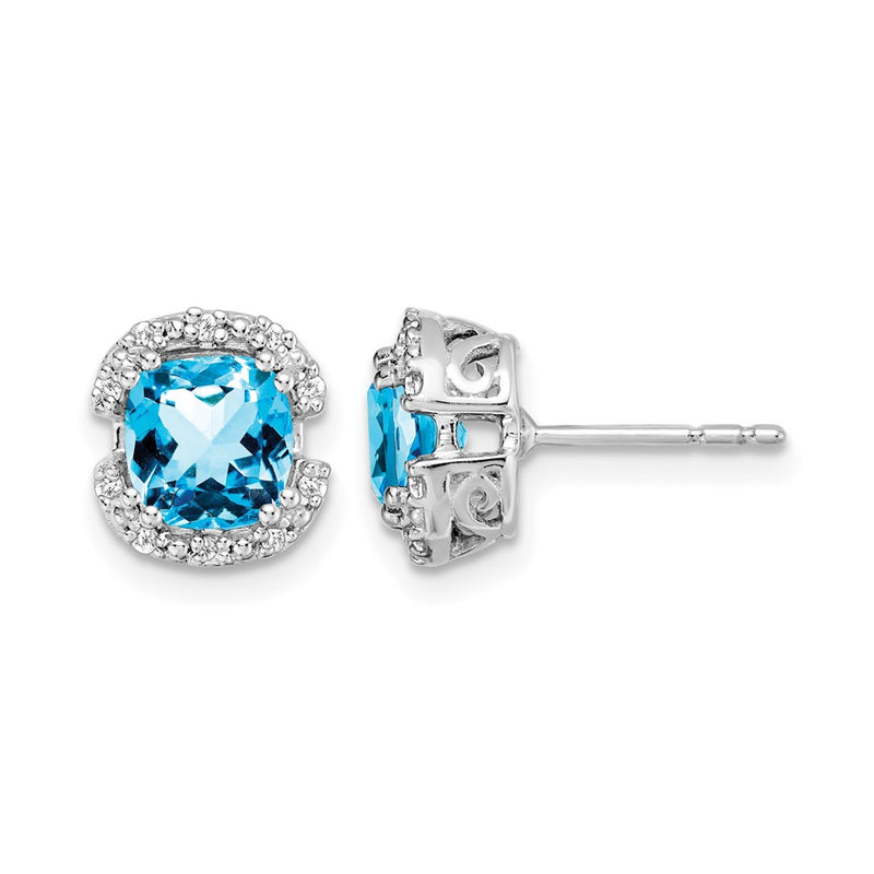 14k White Gold Cushion Blue Topaz and Real Diamond Halo Earrings