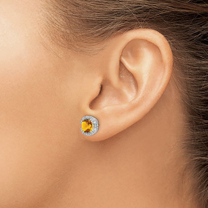 14k White Gold Cushion Citrine and Real Diamond Halo Earrings
