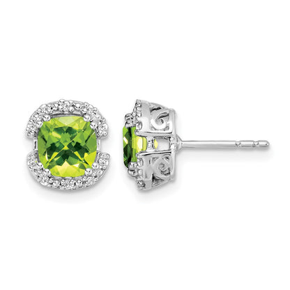 14k White Gold Cushion Peridot and Real Diamond Halo Earrings